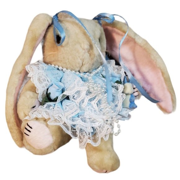 Vintage Bunny Rabbit Stuffed Animal Plush Blue 7" Jointed with Outfit Easter - Picture 11 of 13